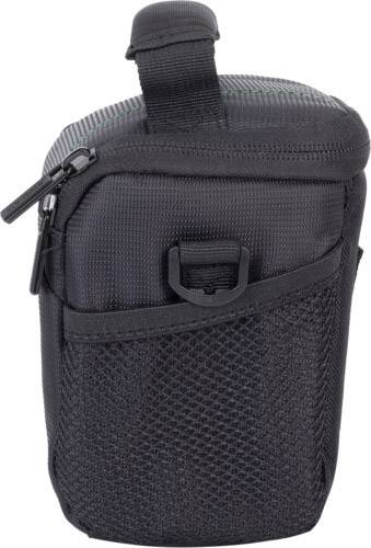 Czarna torba na aparat fotograficzny wykonana z wytrzymałego materiału, wyposażona w zamek błyskawiczny, pętlę do noszenia oraz zewnętrzną kieszeń siatkową.