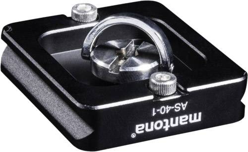 Czarny metalowy adapter z dwoma srebrnymi śrubami nastawczymi i składaną pętlą, oznaczony napisem 'mantona AS-40-1'.