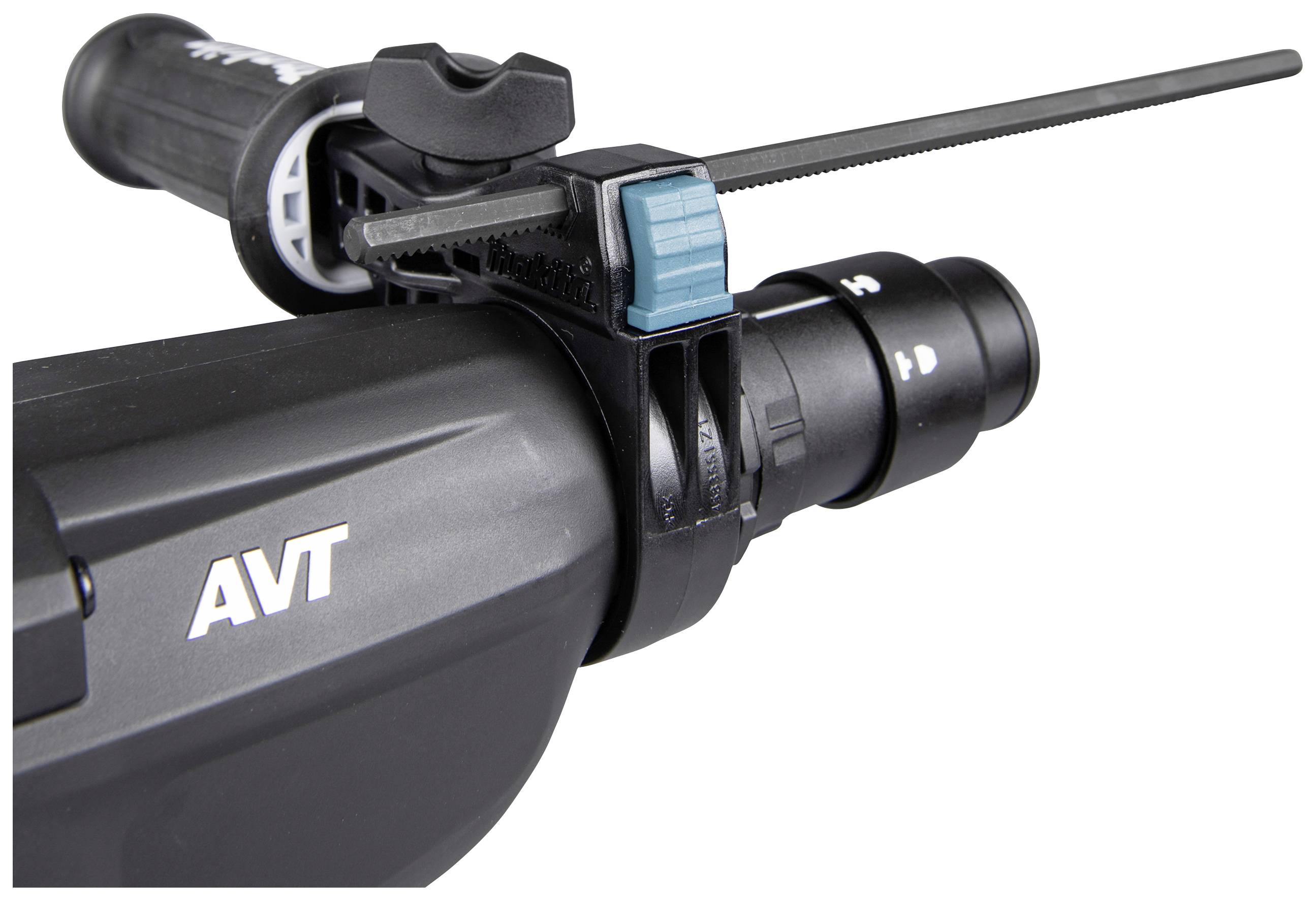 Zbliżenie czarnego narzędzia z logo AVT i niebieskim przełącznikiem, prawdopodobnie przedstawiające piłę elektryczną.