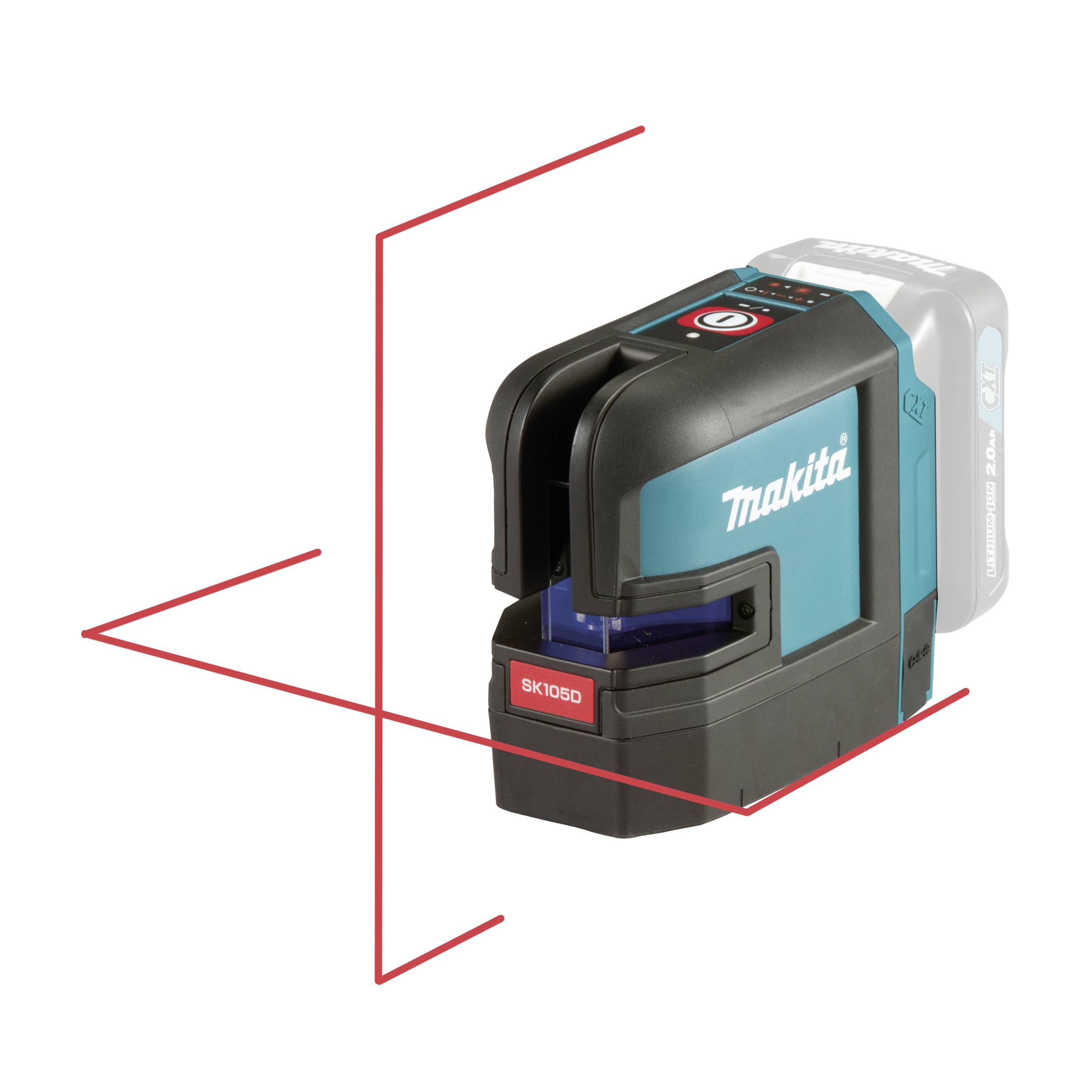 Laserowy niwelator krzyżowy firmy Makita projektuje czerwone linie pionowe i poziome, doskonały do precyzyjnego wyrównywania i poziomowania.