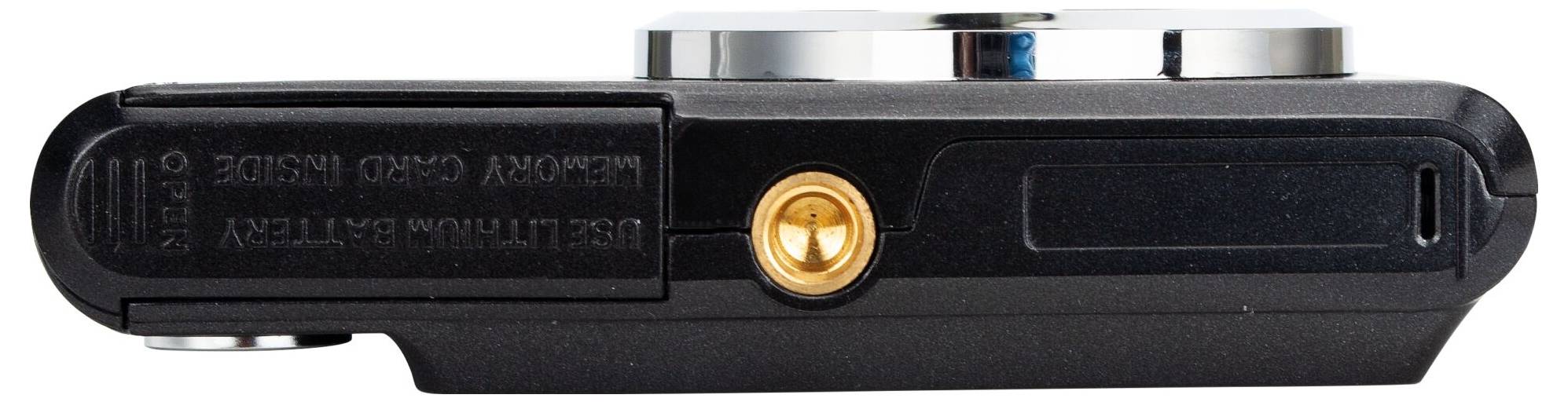 Widok z boku aparatu fotograficznego z gwintem statywowym i danymi technicznymi na spodzie.