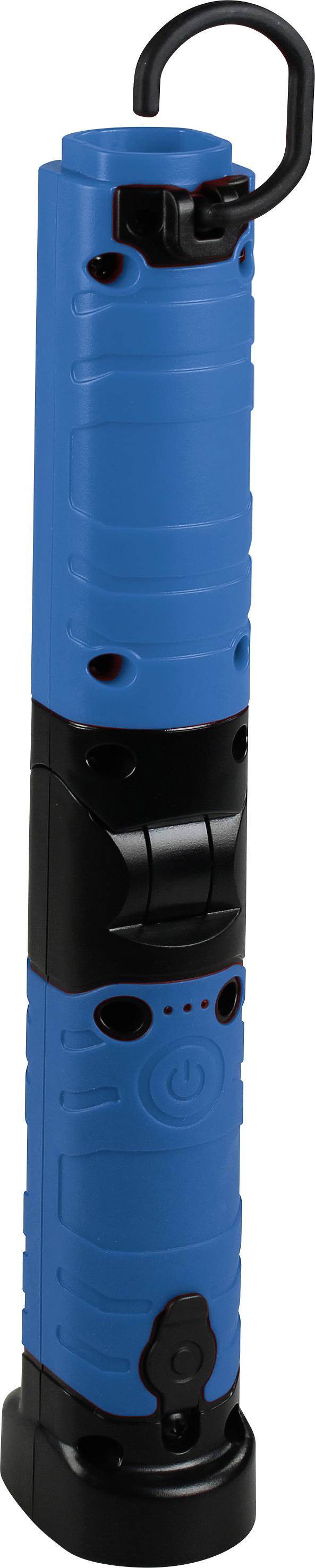 Niebieska, przenośna latarka LED z czarnym uchwytem i zawieszką, odpowiednia do użytku warsztatowego lub outdoorowego.