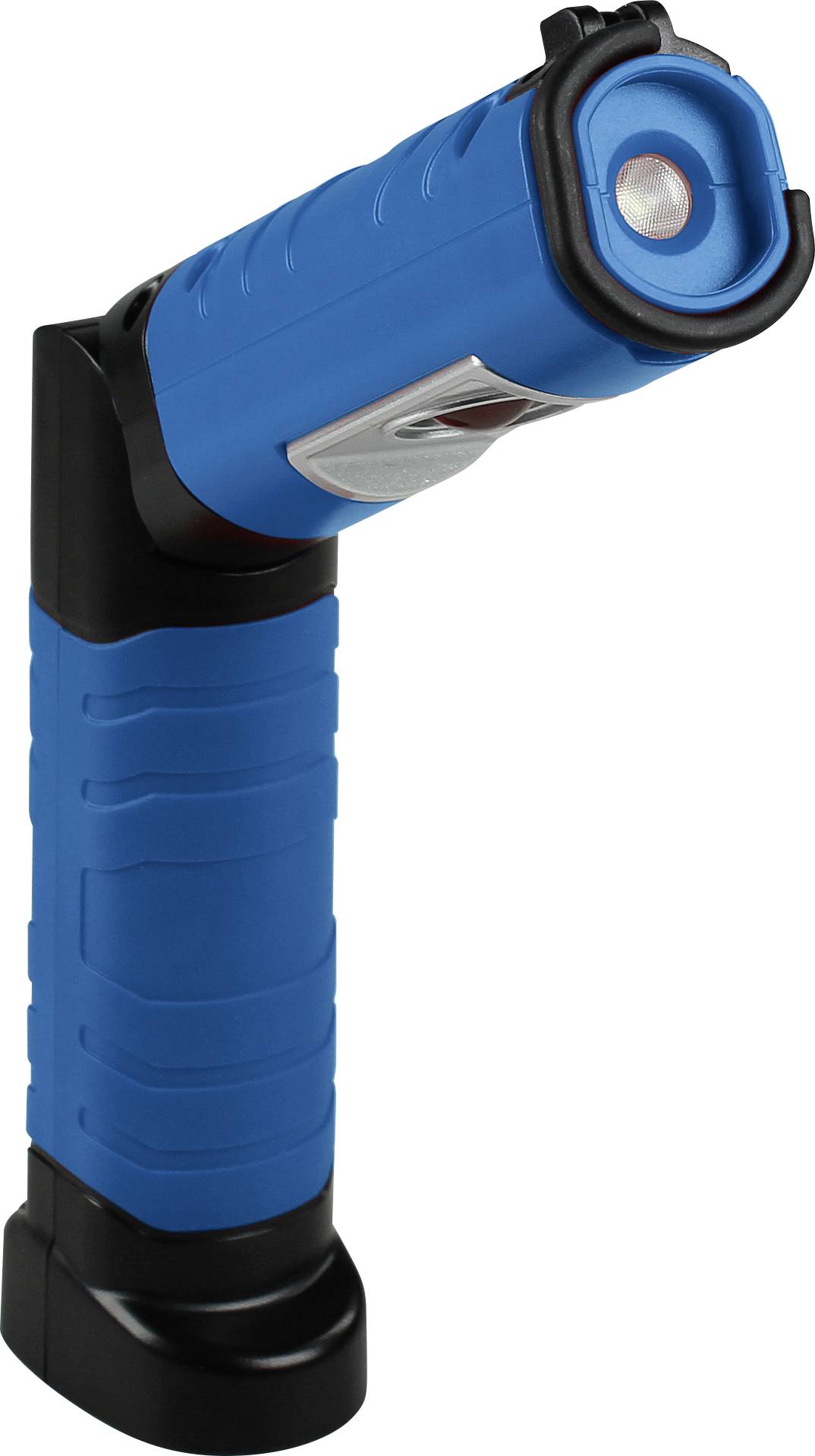 Niebieska, zasilana baterią latarka LED z ergonomicznym uchwytem i bocznym włącznikiem, z lekko pochyloną głowicą dla lepszego oświetlenia.