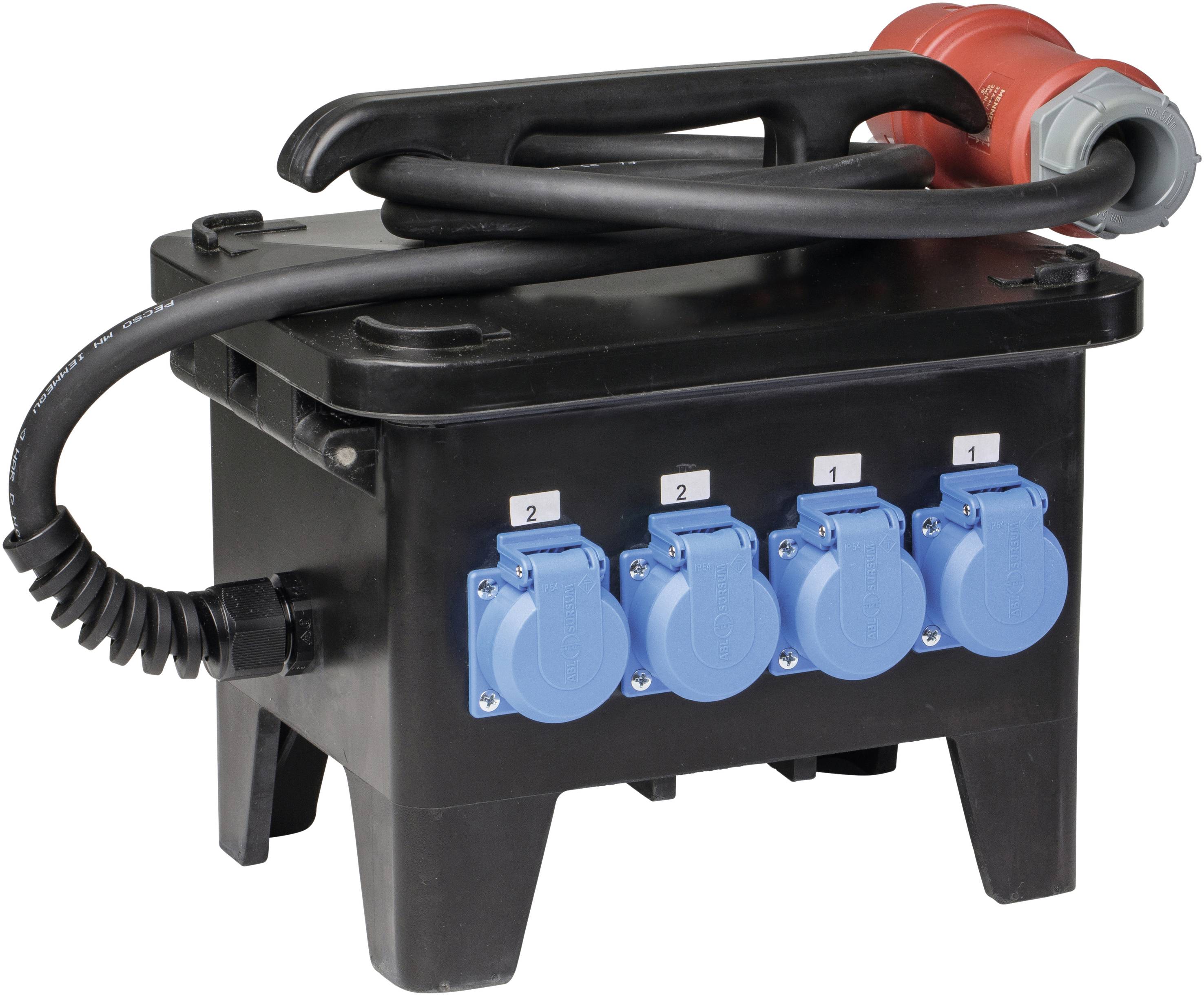 Czarny rozdzielacz elektryczny z czterema niebieskimi gniazdami i grubym przewodem elektrycznym z czerwoną wtyczką na wierzchu.