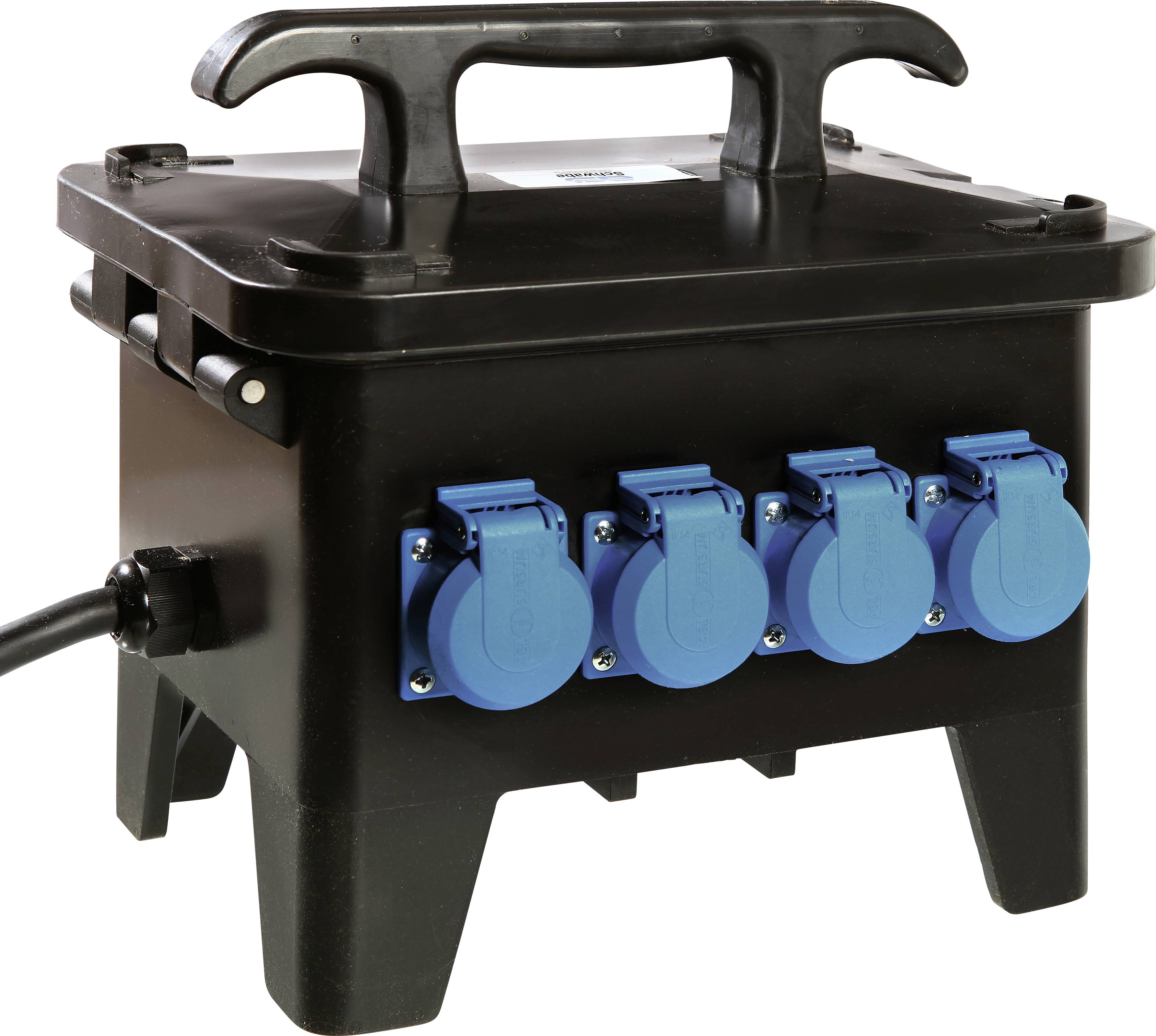 Czarny mobilny rozdzielacz prądu budowlanego z czterema niebieskimi gniazdami i uchwytem, stojący na stabilnych nogach. Odpowiedni do użytku na placu budowy.