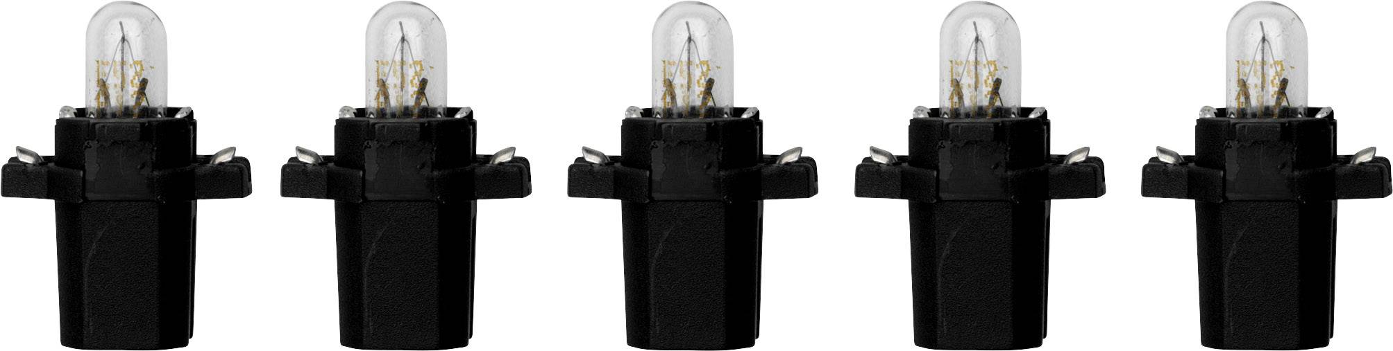 Pięć małych żarówek z czarnymi oprawkami, ułożonych obok siebie w rzędzie.