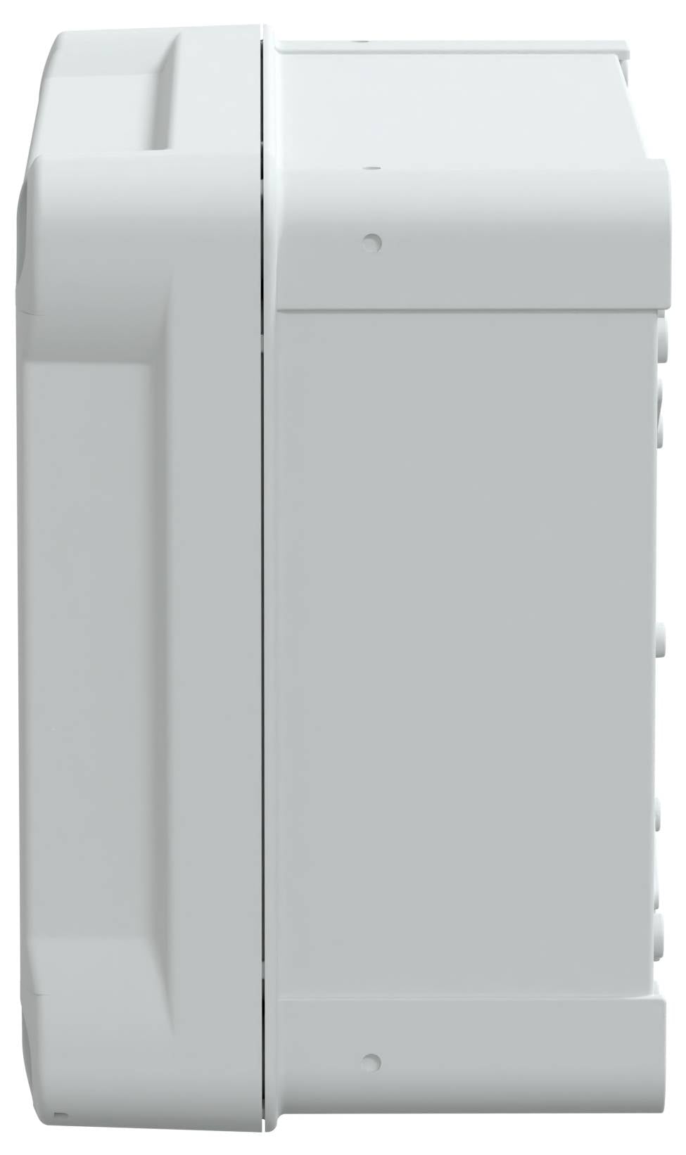 Prostokątne białe urządzenie przemysłowe, widok z boku, o gładkiej powierzchni, prawdopodobnie element elektroniczny lub urządzenie.