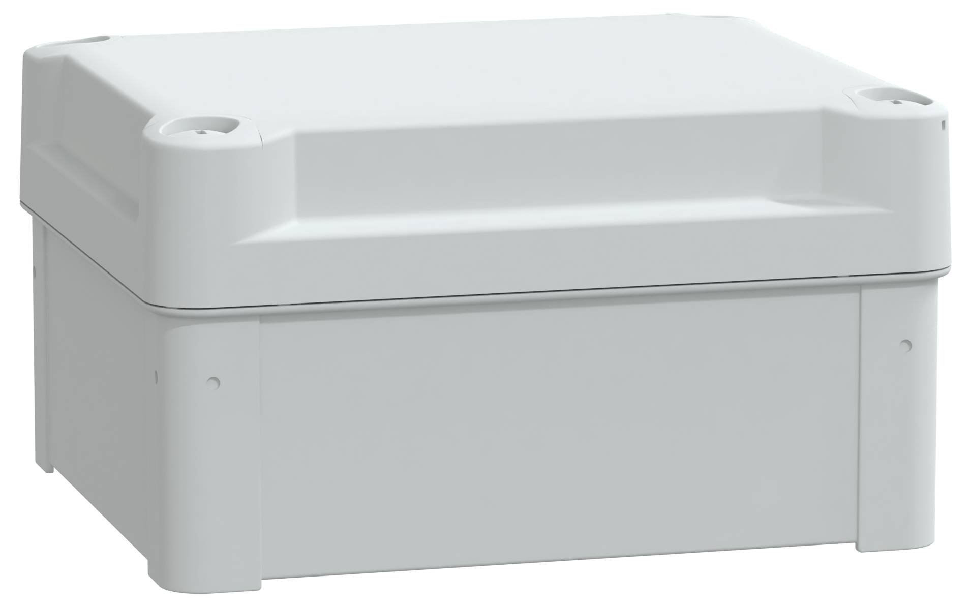 Białe, prostokątne plastikowe pudełko elektryczne z zaokrąglonymi narożnikami i widocznymi śrubami w górnych narożnikach.