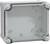 Przezroczyste, puste pudełko elektryczne do montażu ściennego, z widocznymi punktami mocowania i przezroczystą pokrywą.