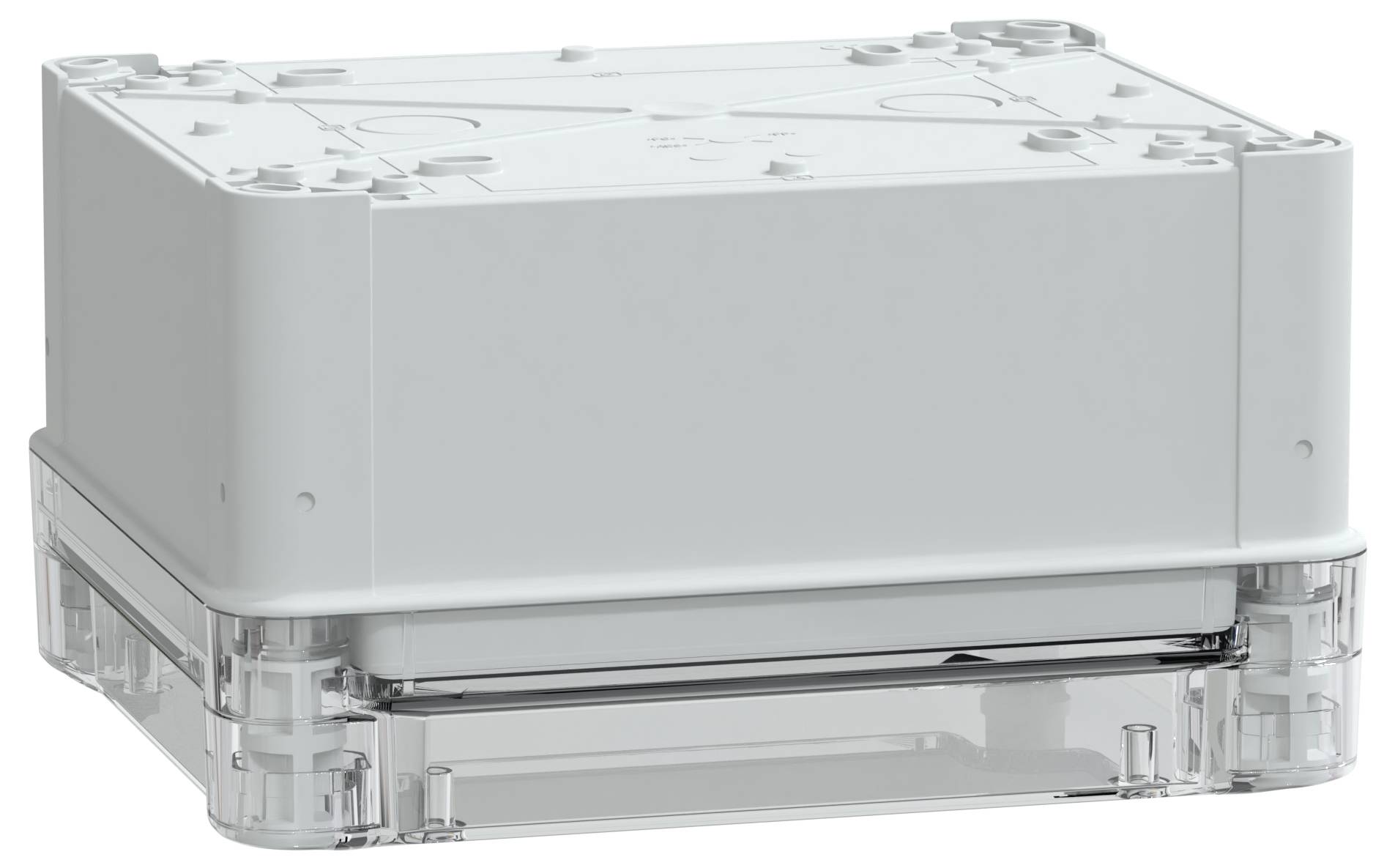 Biała, prostokątna obudowa z tworzywa sztucznego z przezroczystą dolną sekcją, używana do przechowywania elementów elektronicznych lub połączeń, oglądana pod kątem.