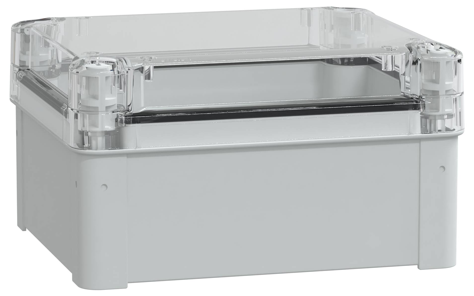 Prostokątna, przezroczysta obudowa elektryczna z białą podstawą, wykonana z tworzywa sztucznego, odpowiednia do zabezpieczania i przechowywania podzespołów elektronicznych.