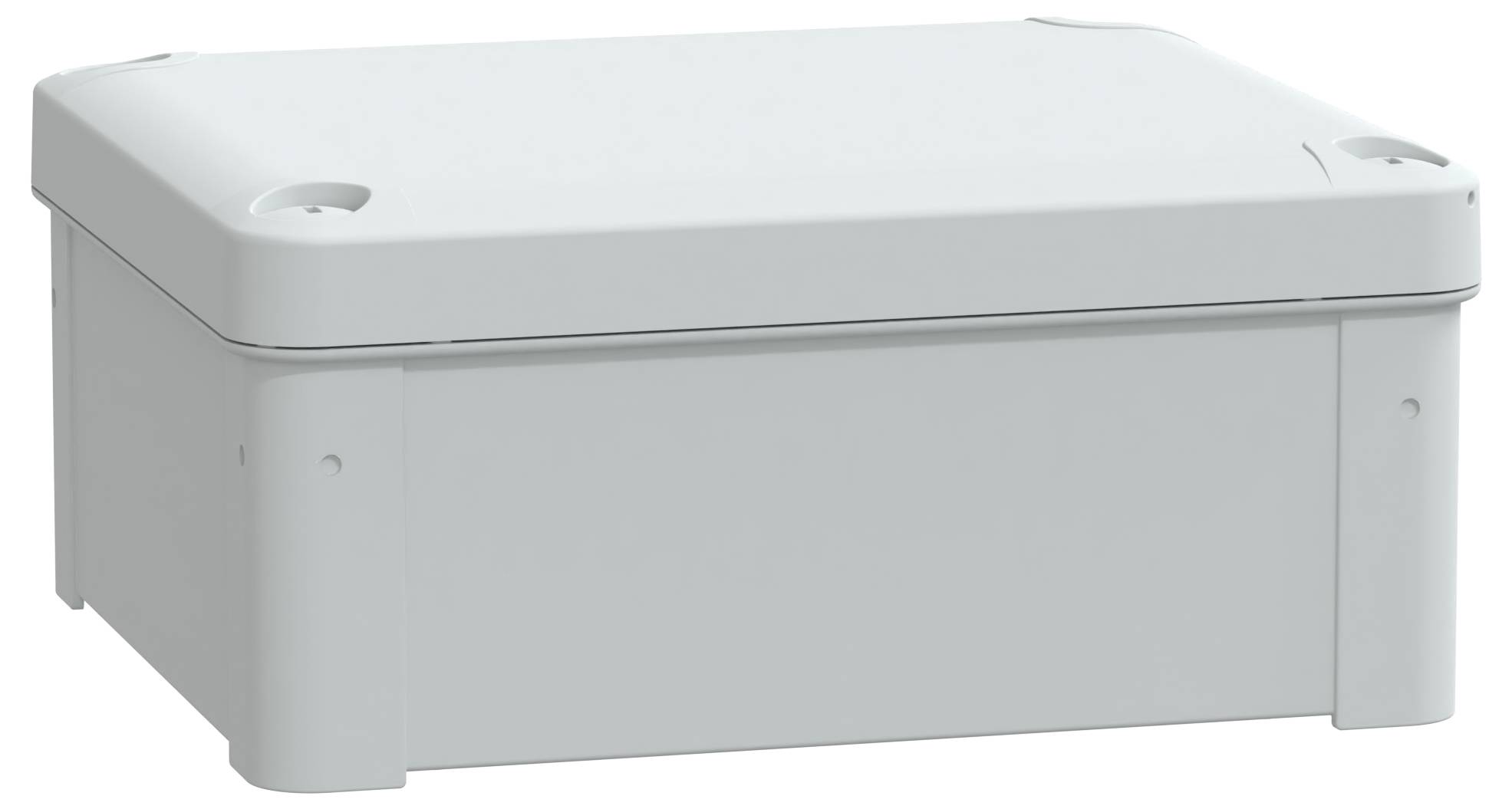 Jasnoszare, prostokątne pudełko elektryczne z płaską pokrywą i zaokrąglonymi narożnikami.