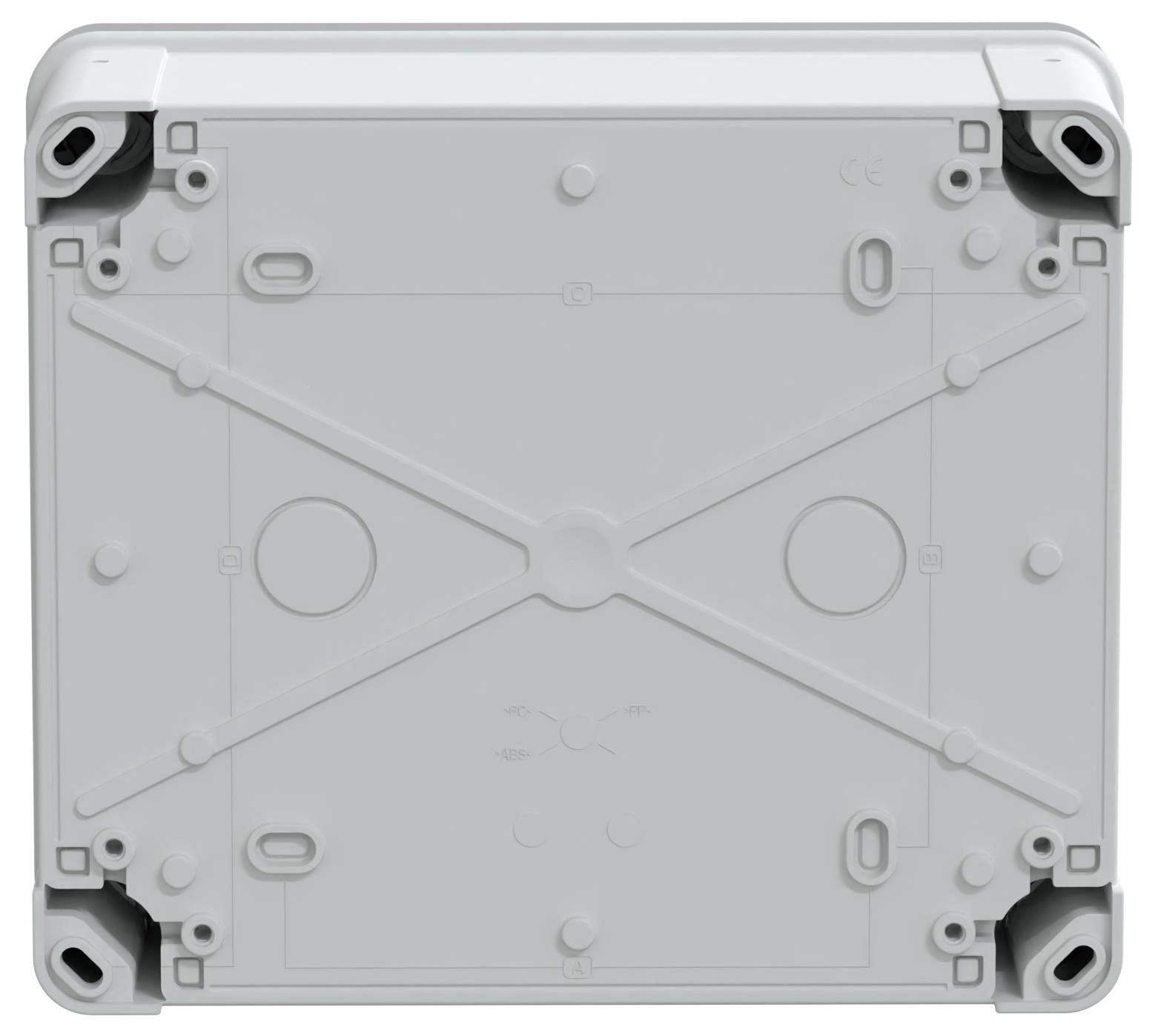 Biały plastikowy kwadratowy box z płaską powierzchnią i małymi otworkami w narożnikach, prawdopodobnie do montażu. Projekt jest prosty, bez widocznych oznaczeń firmowych.