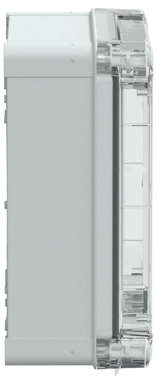 Widok z boku szarego, prostokątnego urządzenia elektronicznego z transparentnymi elementami po prawej stronie, prezentujący kompaktowy i nowoczesny design.