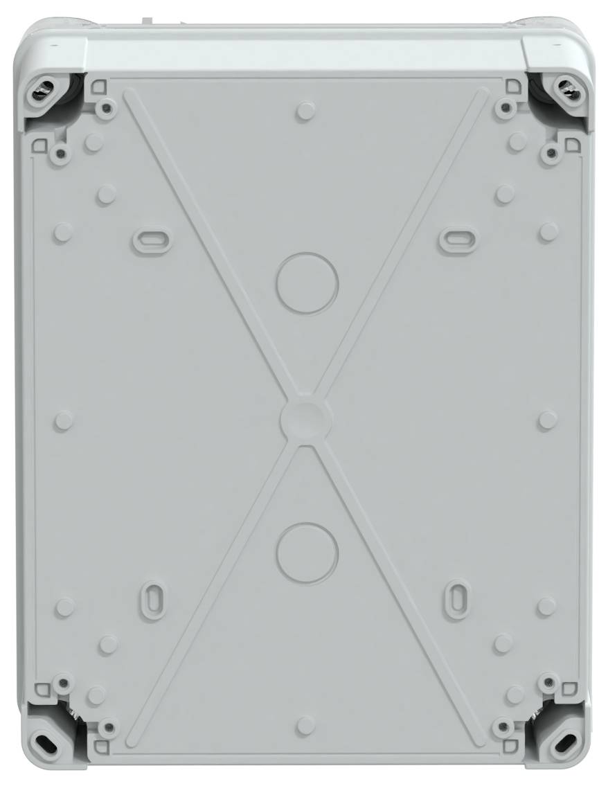 Zamknięte prostokątne szare elektryczne pudełko rozdzielcze z otworami montażowymi w każdym rogu i liniami ukośnymi wzmacniającymi powierzchnię.