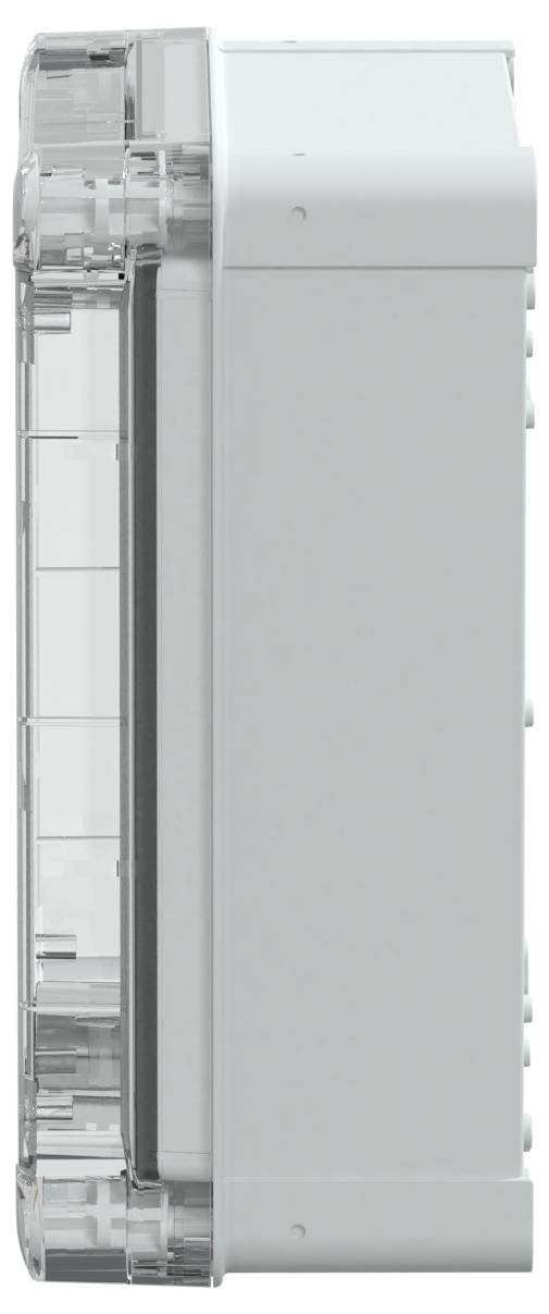 Widok z boku przezroczystego obiektu prostokątnego z białymi i szarymi elementami. Przeznaczenie obiektu nie jest widoczne z tego kąta.