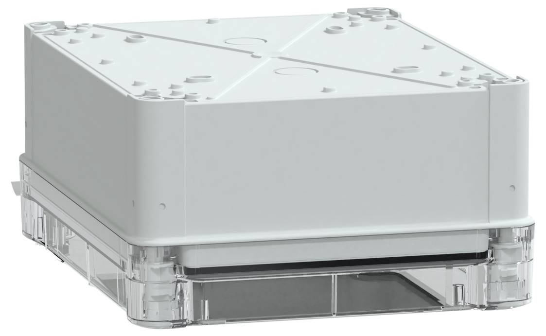 Biała, prostokątna, plastikowa obudowa o zaokrąglonych narożnikach spoczywa na przezroczystej podstawie, prawdopodobnie przeznaczona do umieszczania elementów elektronicznych.