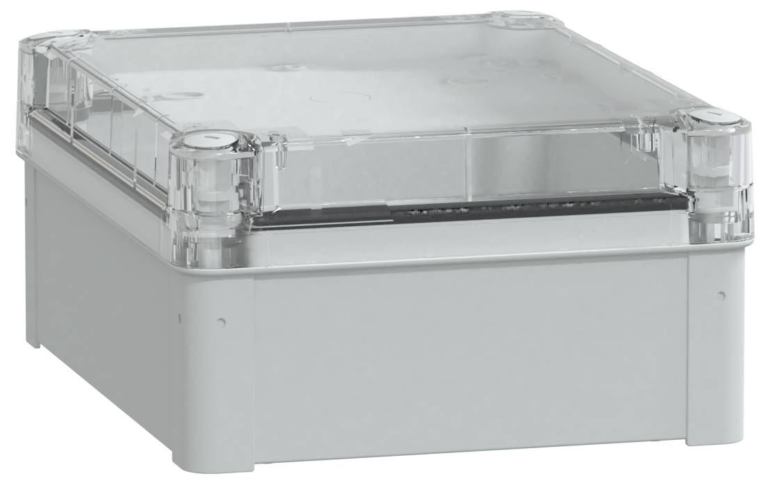 Szara plastikowa obudowa z przezroczystą pokrywą, przeznaczona do przechowywania elementów elektrycznych, na białym tle.