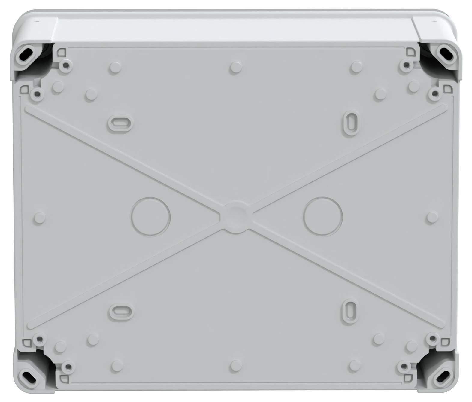 Prostokątna, jasnoszara obudowa z tworzywa sztucznego z czterema otworami montażowymi, odpowiednia do zabudowy elementów elektrycznych lub elektronicznych.