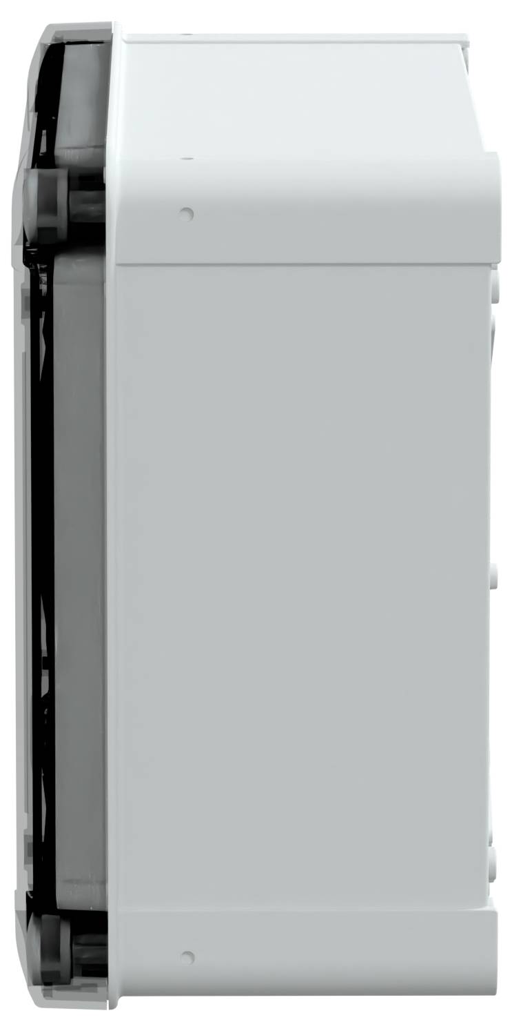 Widok z boku szarego, prostokątnego urządzenia elektronicznego, prawdopodobnie przeznaczonego do zastosowań przemysłowych lub technicznych, z widocznymi przyciskami lub złączami z jednej strony.