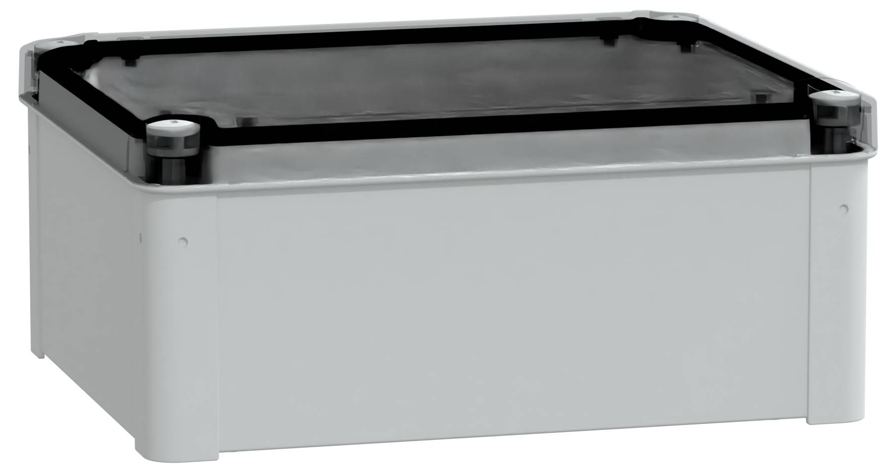 Prostokątna, szara plastikowa obudowa elektroniczna z czarną pokrywą, przeznaczona do mieszczenia i ochrony elementów elektronicznych.