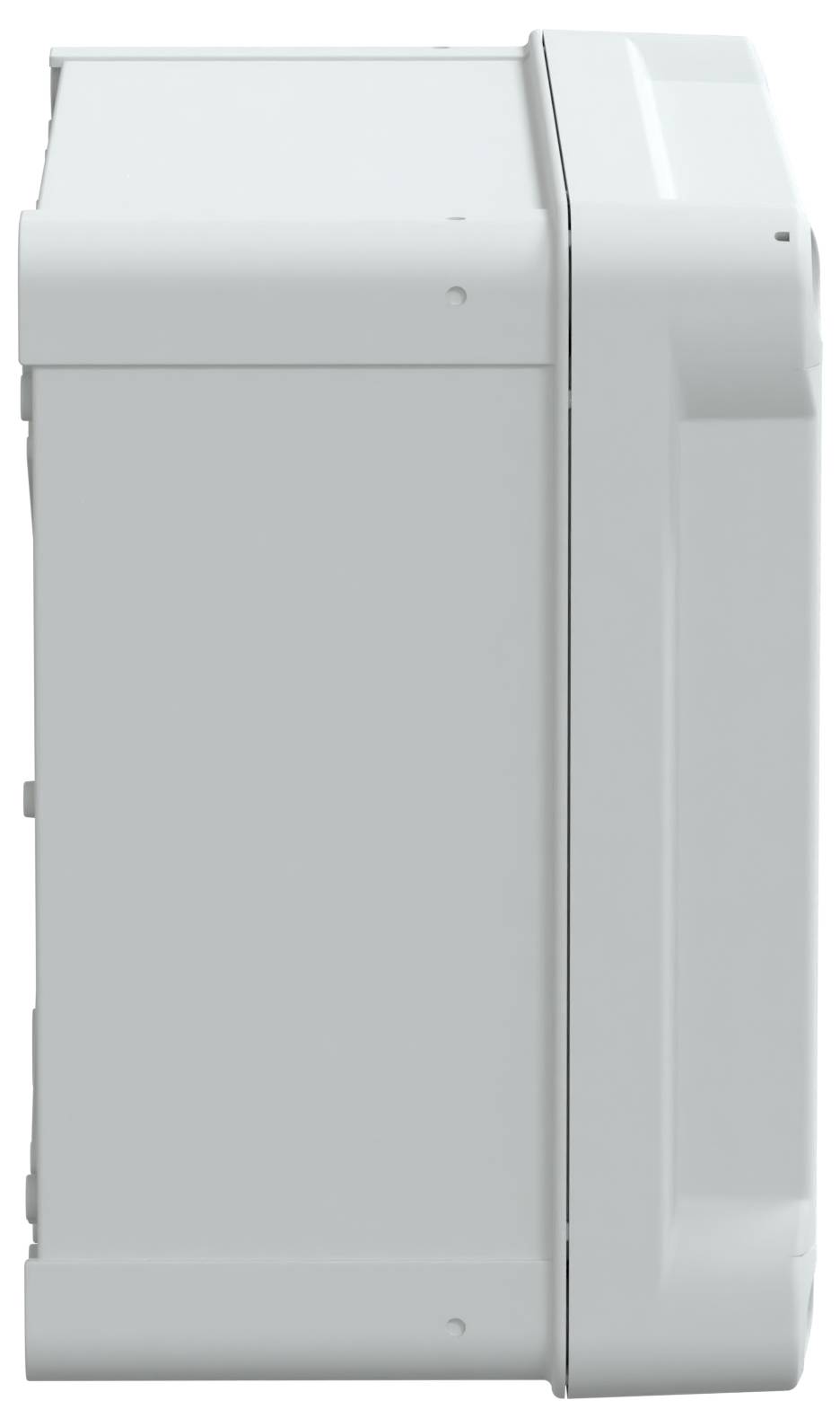 Widok z boku białego, prostokątnego urządzenia elektronicznego z uchwytem, prawdopodobnie elementem drukarki lub skanera, na neutralnym tle.