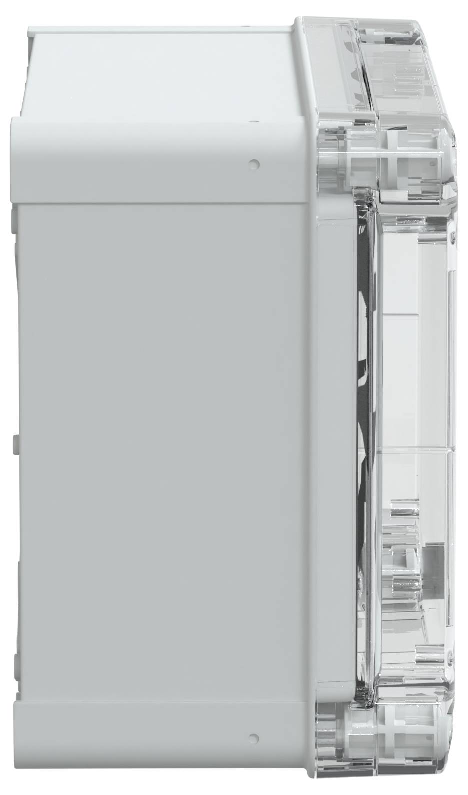 Widok z boku białego urządzenia w kształcie litery L z przezroczystą sekcją po prawej stronie, ukazującą mechanizm wewnętrzny.