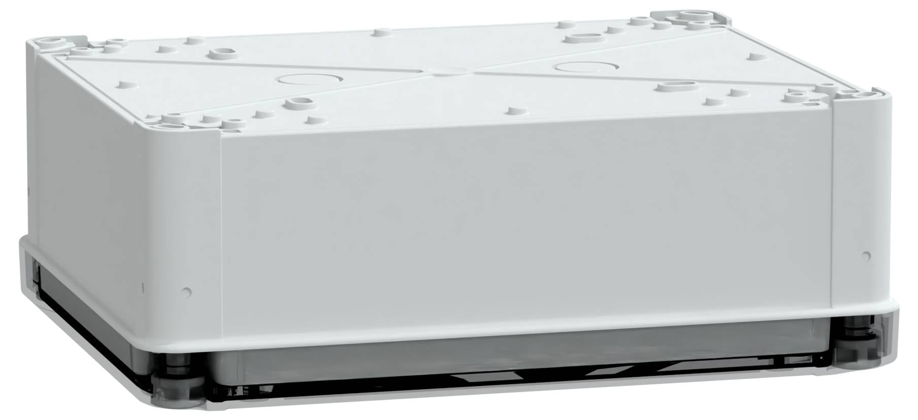 Białe prostokątne elektroniczne urządzenie obudowy o gładkich powierzchniach i zaokrąglonych krawędziach, wyposażone w wielokrotne punkty mocowania wkrętów na górnej części.