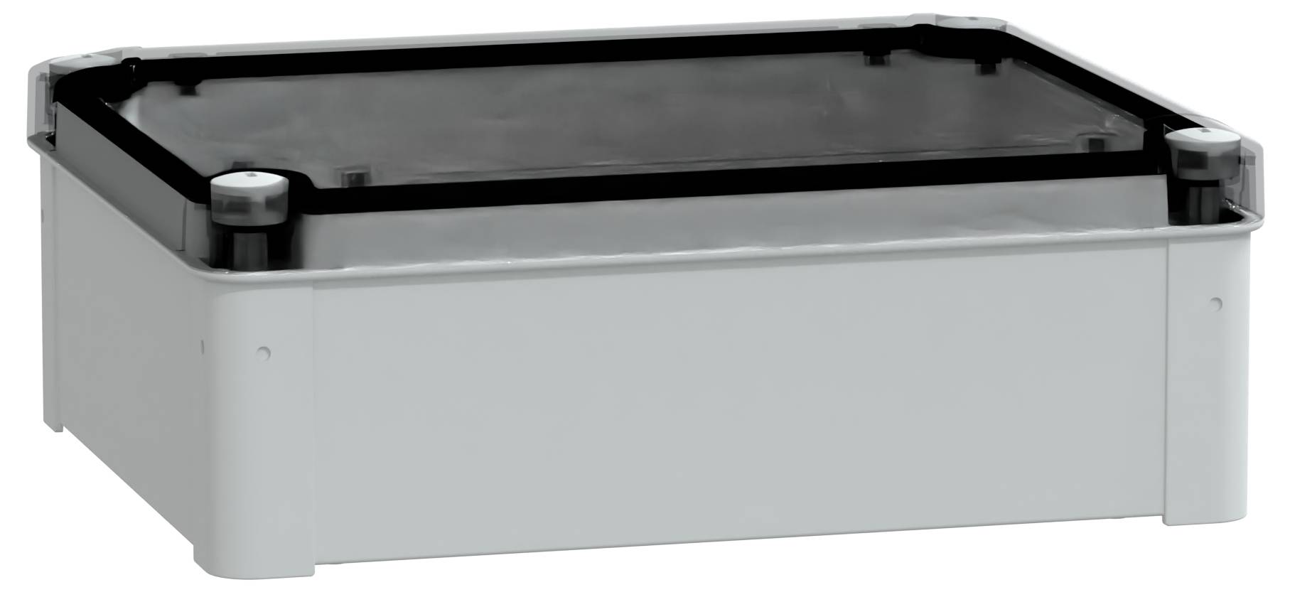 Prostokątna, szara obudowa elektryczna z płaską, ciemną przezroczystą pokrywą, zaprojektowana do ochrony podzespołów elektronicznych.