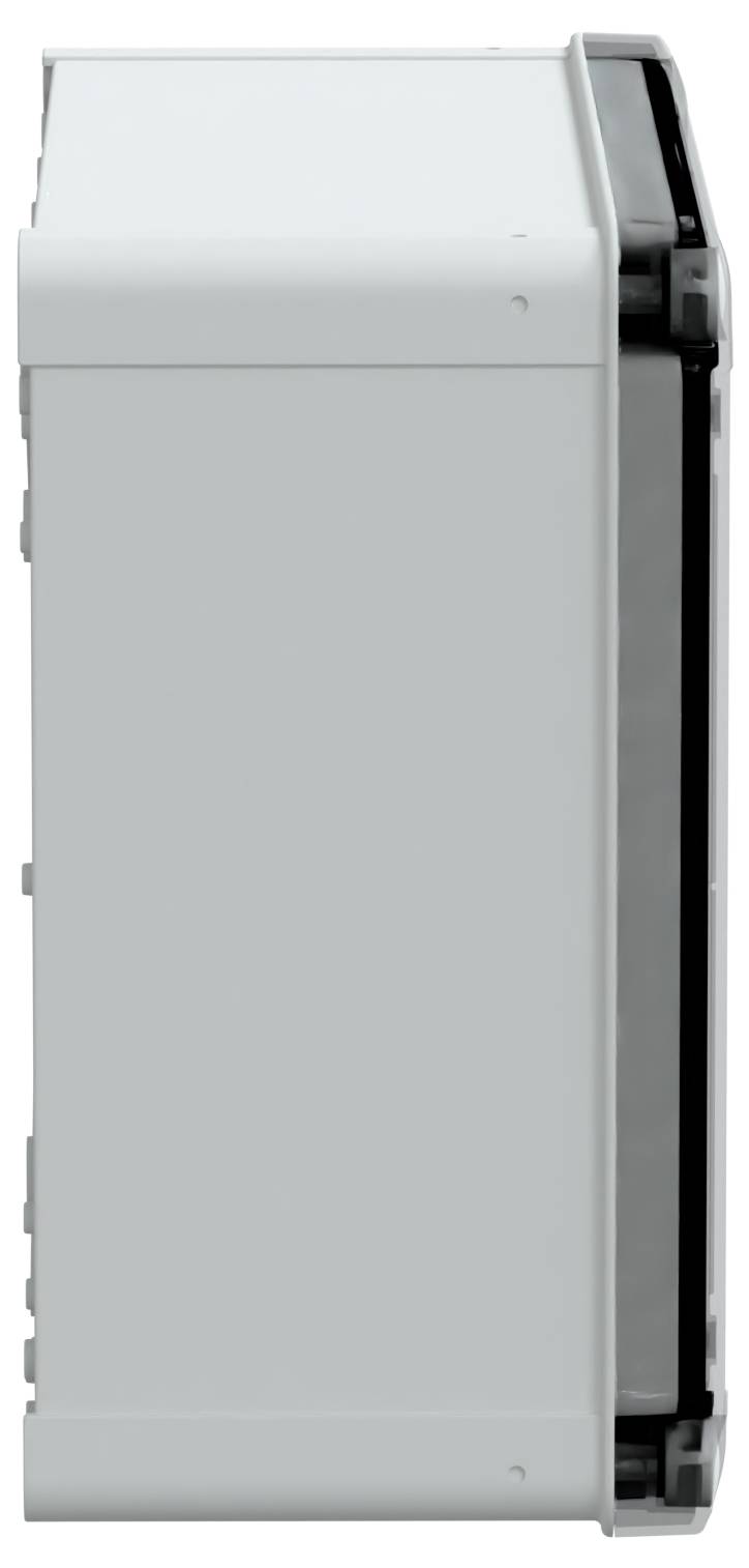 Biały, prostokątny urządzenie elektroniczne o smukłym profilu, widziany z boku, z czarną ramką i połyskującym panelem.