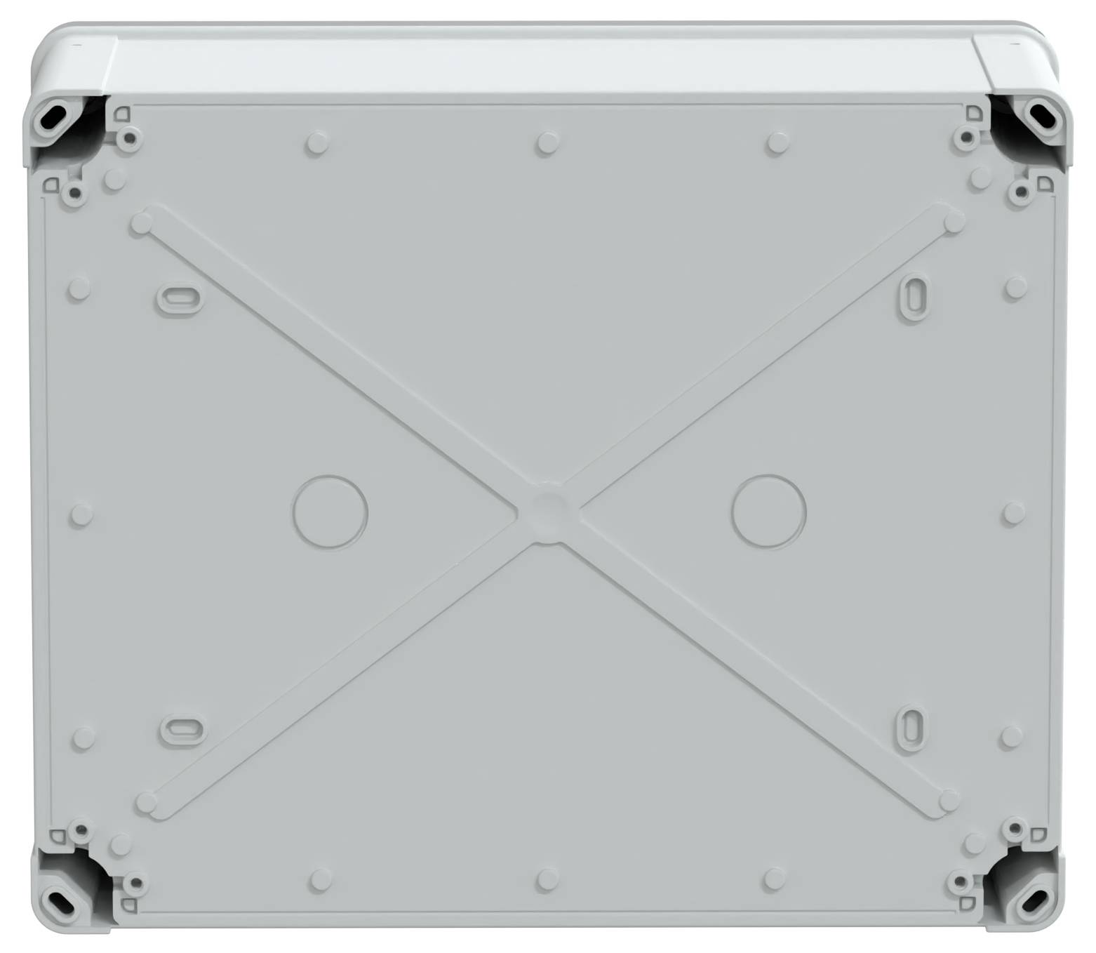 Szara, prostokątna pokrywa skrzynki elektrycznej z wzorem w kształcie litery 'X' i otworami montażowymi w narożnikach.