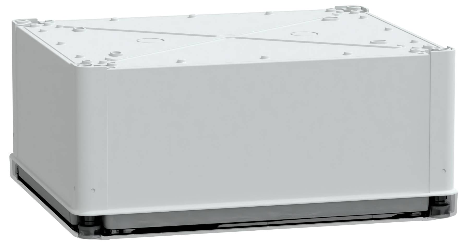 Duży, prostokątny, biały elektryczny osprzęt rozdzielczy z czarną podstawą, posiadający płaską górną powierzchnię z subtelnie wygrawerowanymi liniami i śrubami w każdym rogu.