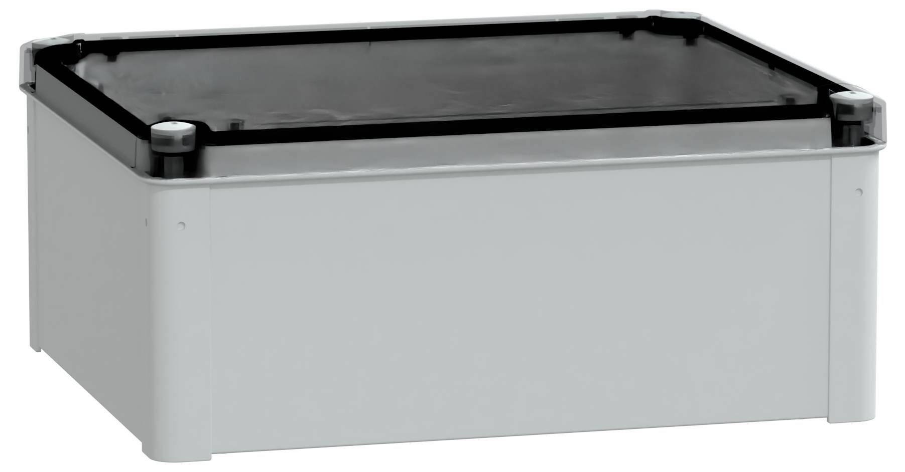 Szary, plastikowy, prostokątny pojemnik z czarną pokrywą, przeznaczony do przechowywania lub obudowania elementów elektrycznych, umieszczony na neutralnym tle.