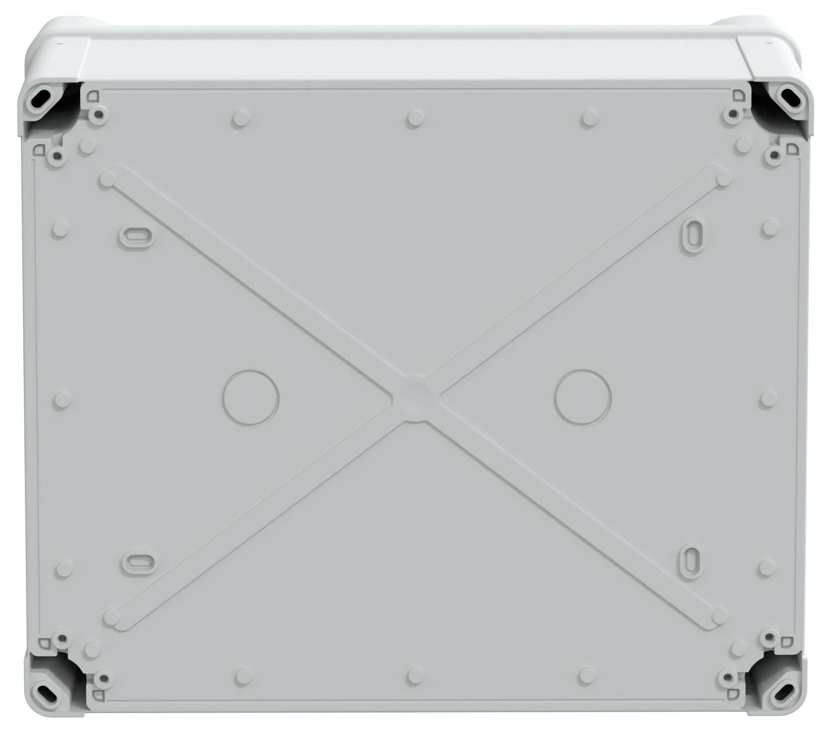 Prostokątne, jasnoszare elektryczne pudło rozdzielcze widziane od przodu, z otworami na śruby w rogach i wzorem krzyżowym na pokrywie.