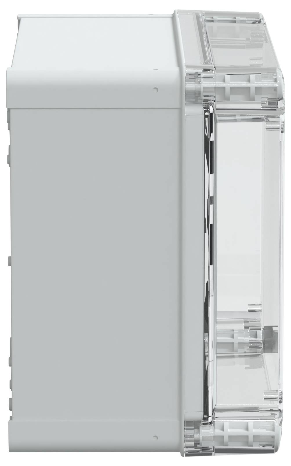 Widok z boku białego, prostokątnego urządzenia elektronicznego z przezroczystą pokrywą, prezentujący jego smukły i kompaktowy design.