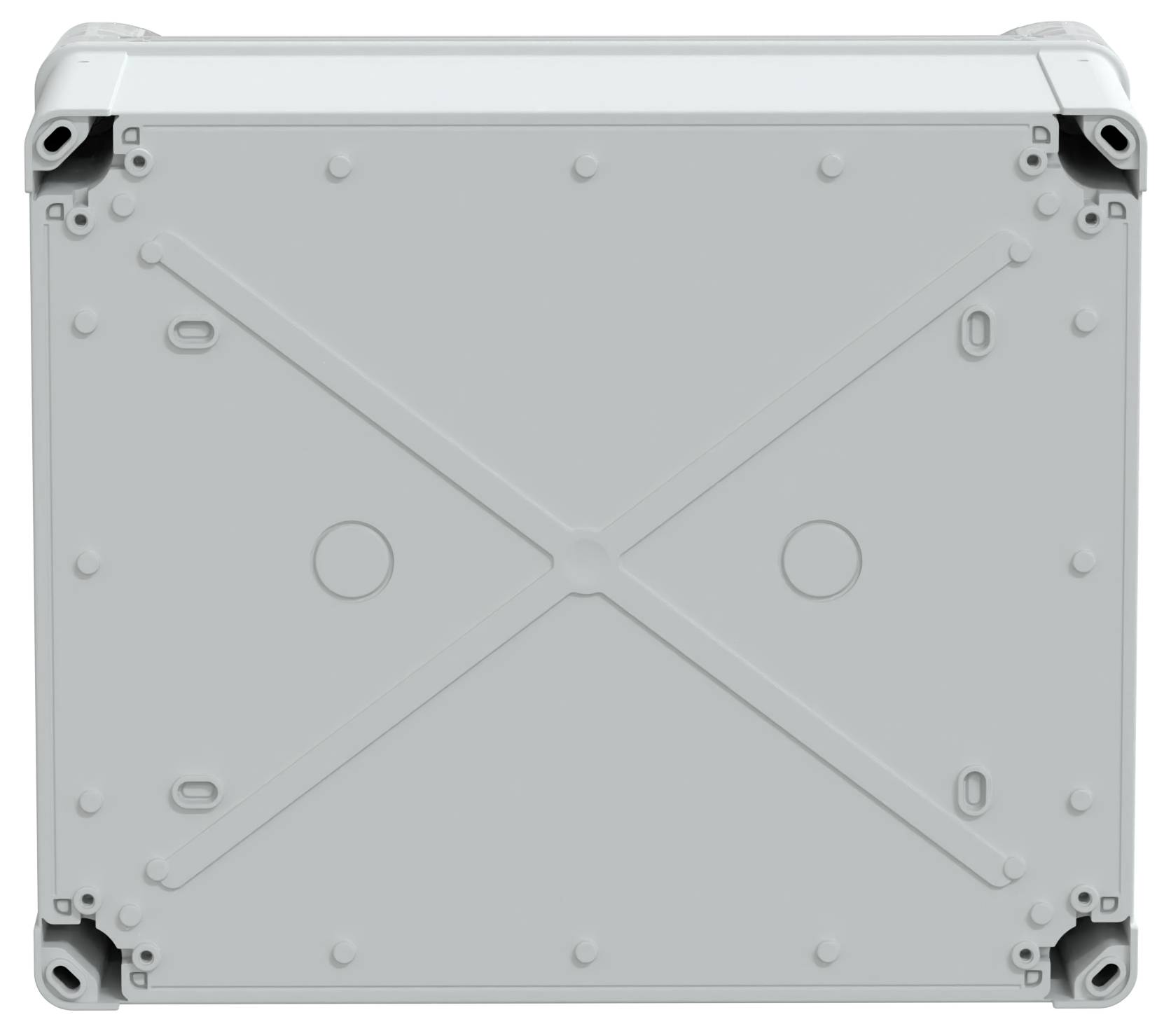 Szara, prostokątna skrzynka z otworami na śruby w każdym rogu i wzmocnieniami przekątniowymi na całej powierzchni, prawdopodobnie obudowa elektryczna.
