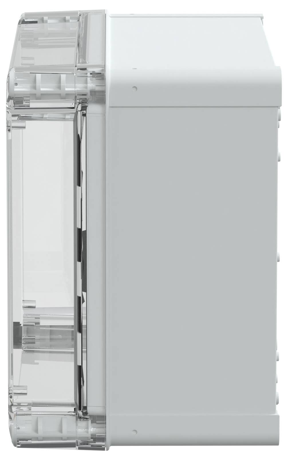 Obraz przedstawia widok z boku przezroczystej, kompaktowej, prostokątnej obudowy elektrycznej, prezentującej jej solidną ramę i projekt.