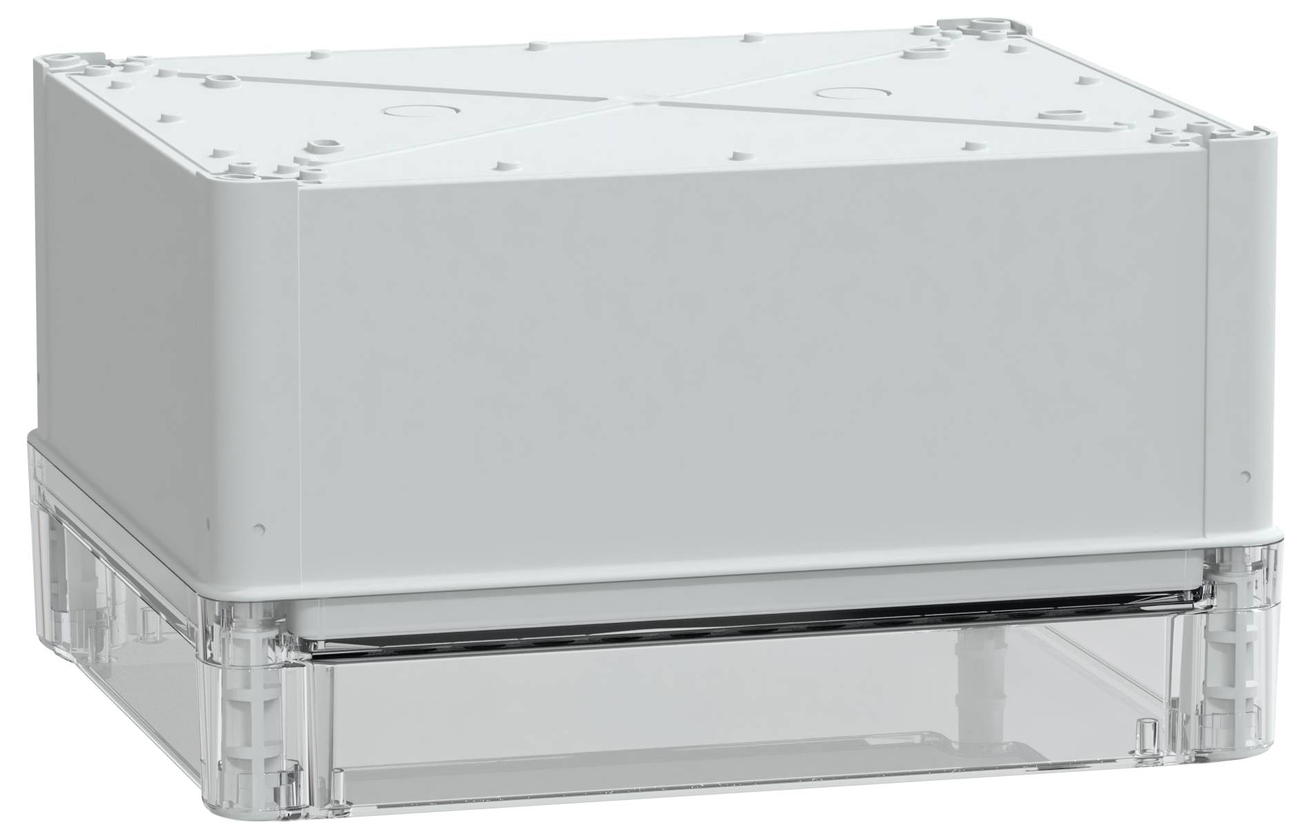 Prostokątne białe i przezroczyste plastikowe pudełko elektroinstalacyjne z widocznymi punktami mocowania i przezroczystą sekcją na spodzie.