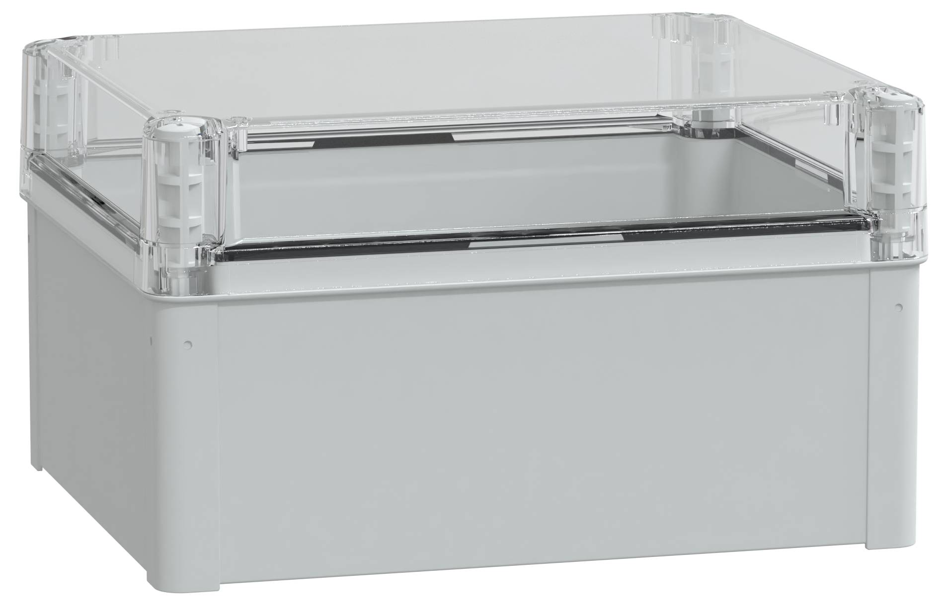 Szara prostokątna obudowa z tworzywa sztucznego z przezroczystą pokrywą, zazwyczaj stosowana do przechowywania podzespołów elektronicznych lub przewodów.