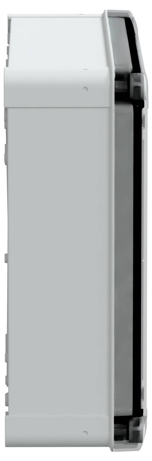 Widok z boku szarego, prostokątnego urządzenia przemysłowego lub obudowy z zawiasową pokrywą po prawej stronie.