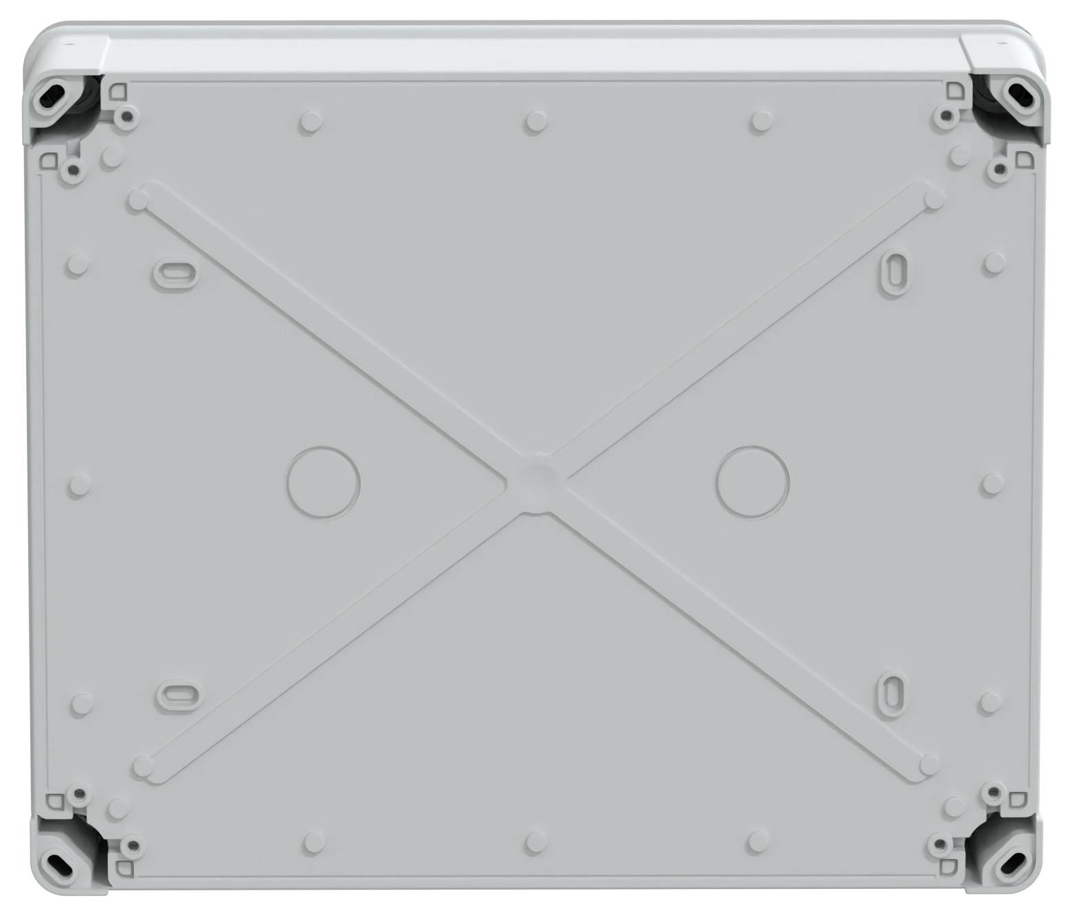 Płaska, prostokątna, szara pokrywa puszki elektrycznej z czterema mocowanikami w narożnikach i centralnym wzmocnieniem w kształcie litery X.