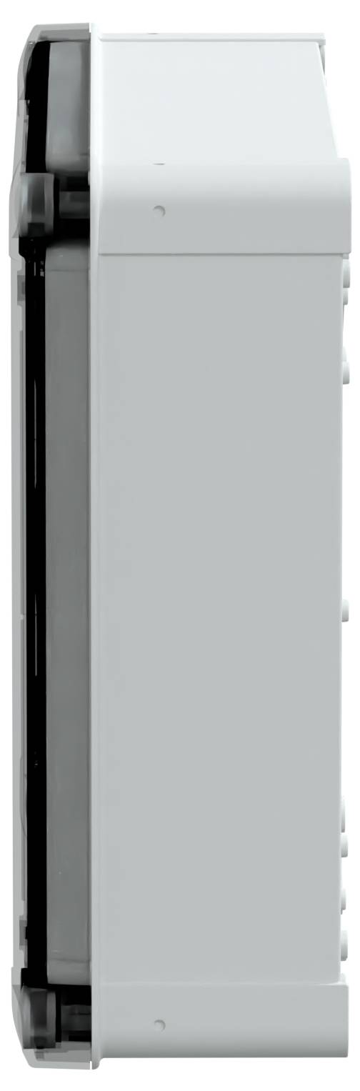 Widok z boku szarego, prostokątnego urządzenia elektronicznego z widocznymi przyciskami na prawej krawędzi.