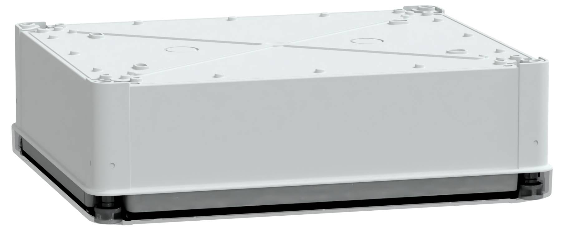 Prostokątne, jasnoszare pudełko metalowe z płaskim wierzchem i zaokrąglonymi narożnikami. Krawędź zewnętrzna posiada małe śruby i dekoracyjny wzór w kształcie litery x.