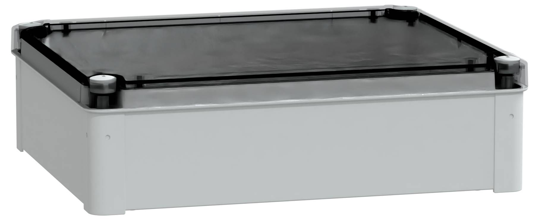 Prostokątna, metalowa obudowa z czarnym, płaskim wierzchem i zaokrąglonymi narożnikami. Wygląda na osłonę lub skrzynkę elektryczną.