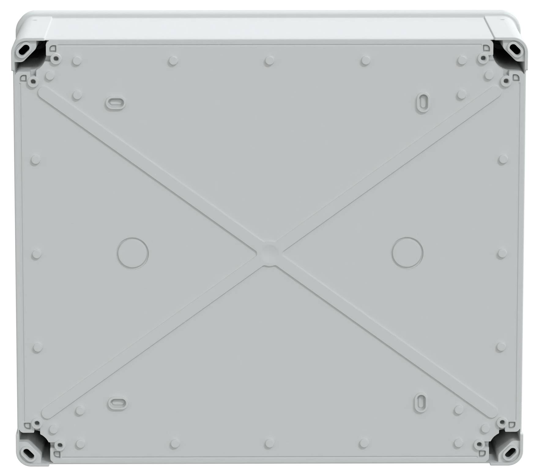 Szary prostokątny plastikowy korpus elektroniczny z otworami w narożnikach i wzorem wzmacniającym w kształcie litery 'X' na jednej ze stron.