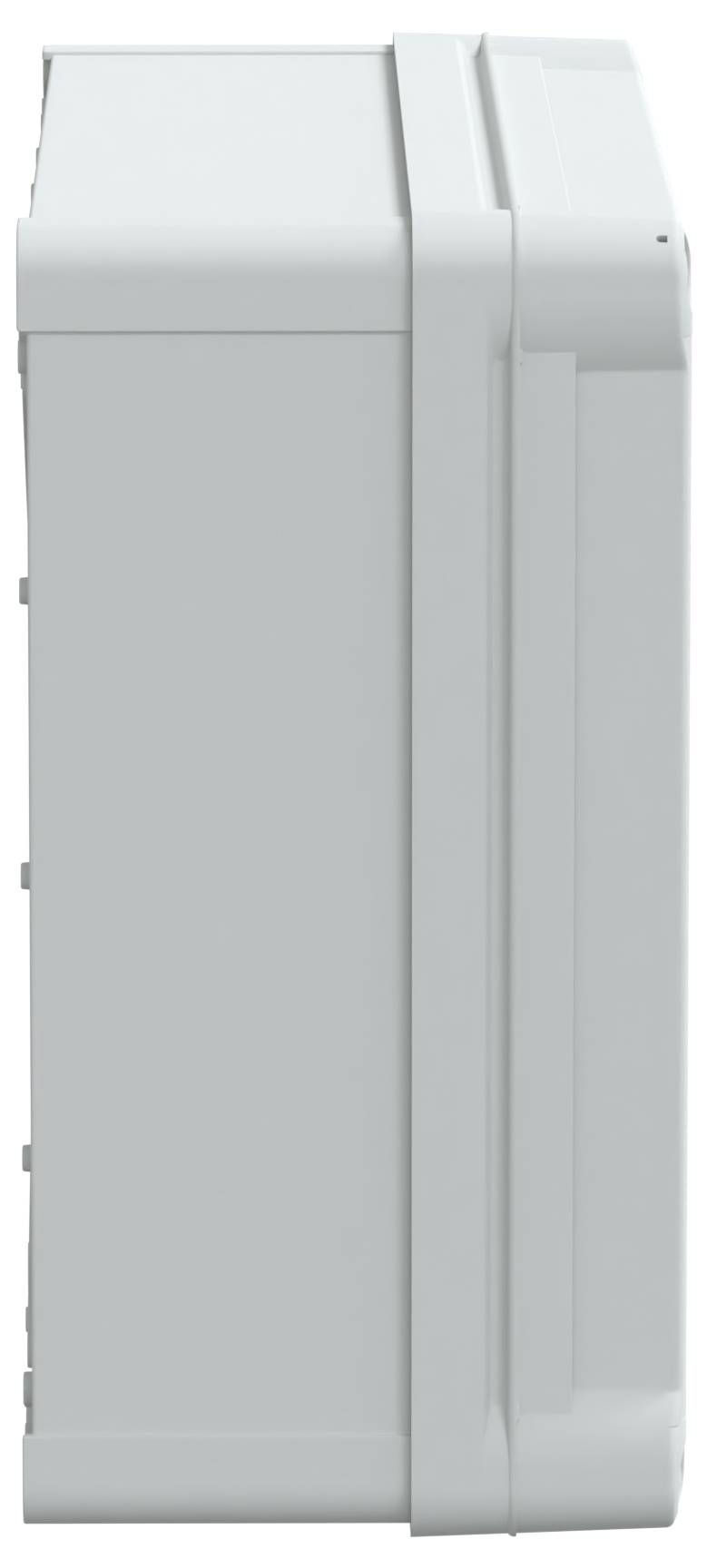 Widok z boku zwykłej szarej skrzyni o prążkowanej górze i boku, bez widocznych otworów lub uchwytów.