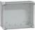 Prostokątna, pusta, szara obudowa elektryczna z przezroczystą pokrywą i otworami na wkręty po bokach.