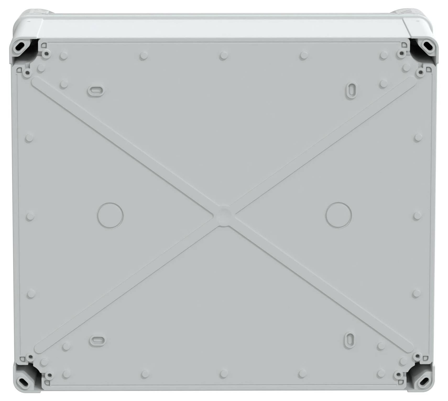 Elektryczna skrzynka przyłączeniowa z szarą pokrywą, posiadająca otwory montażowe w każdym rogu oraz centralny wzór krzyżowy zapewniający wzmocnienie strukturalne.