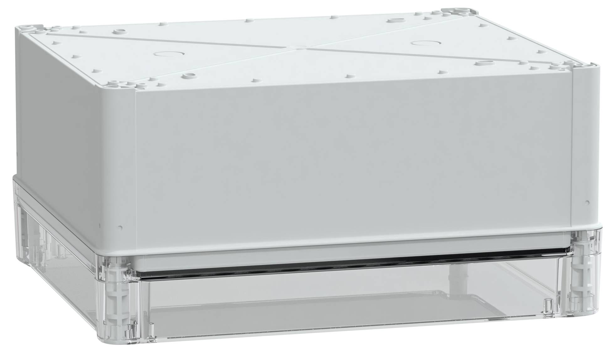 Białe, prostokątne obudowa z tworzywa sztucznego z przezroczystą podstawą, używana do przechowywania podzespołów elektronicznych.