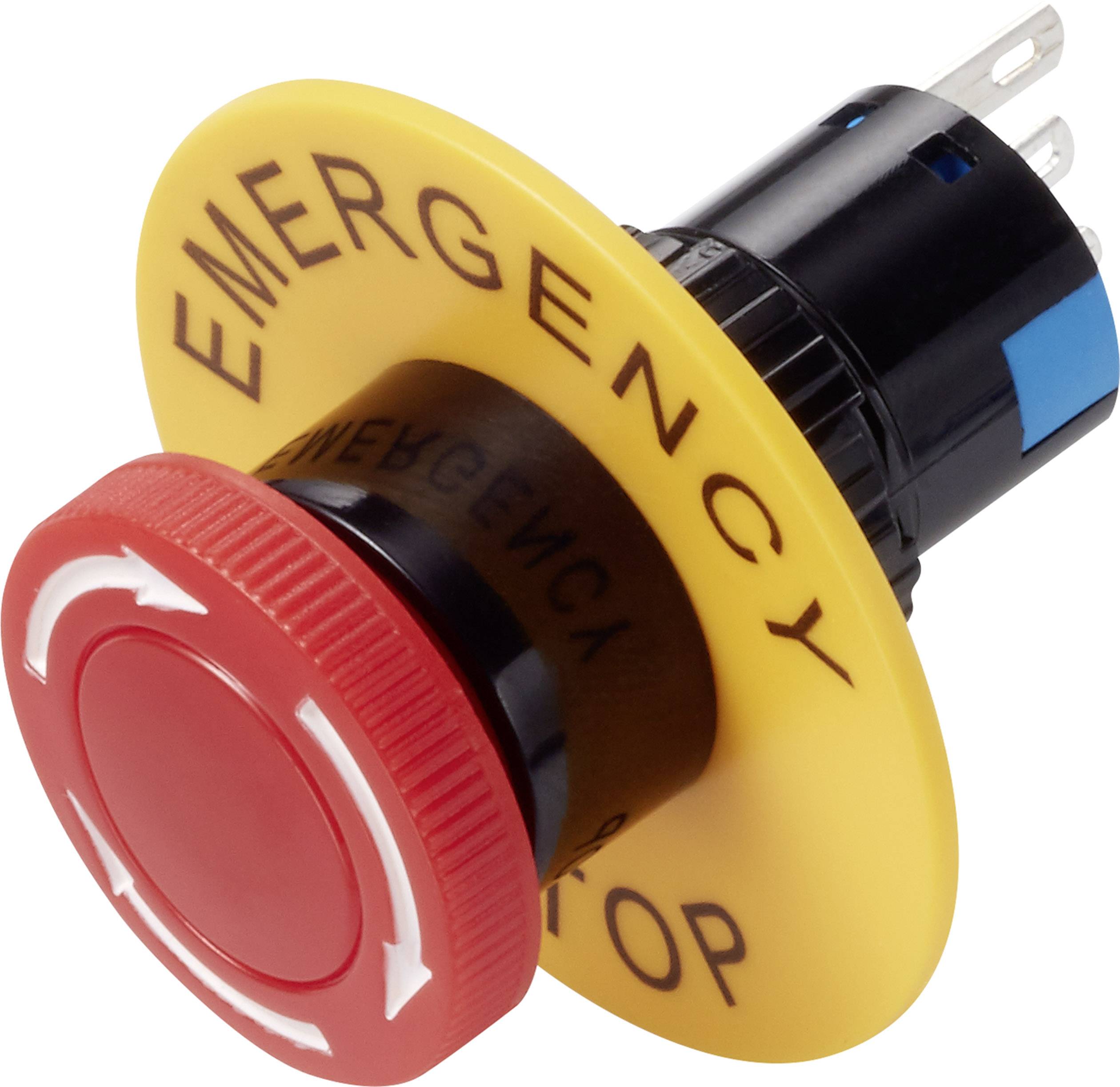 Przycisk awaryjnego zatrzymania, czerwono-żółty, z strzałkami wskazującymi kierunek obrotu; uruchamiany w sytuacji awaryjnej do natychmiastowego zatrzymania maszyny.